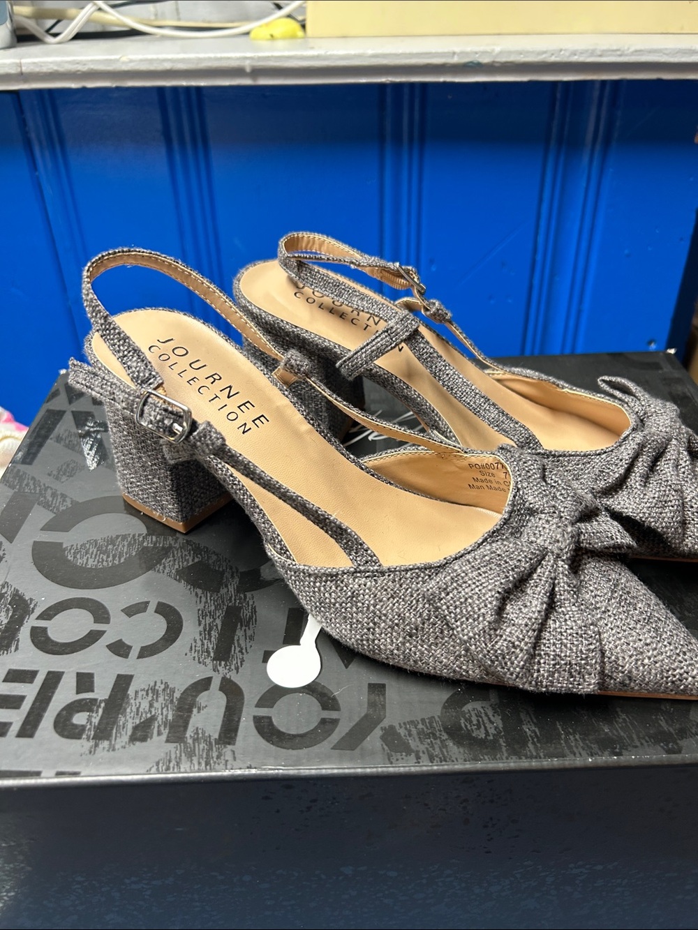 Journee Collection Textured Gray Slingback Heels with Knotted Toe